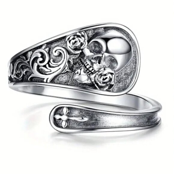 Boho Rocker Skull and Rose Adjustable Spoon Ring #1350 - Picture 1 of 9
